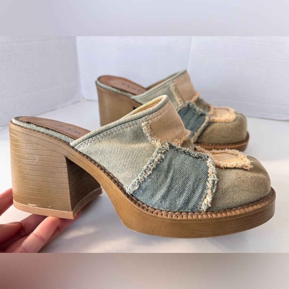 vintage y2k 90s rampage distressed denim jean patchwork chunky clog mules shoes